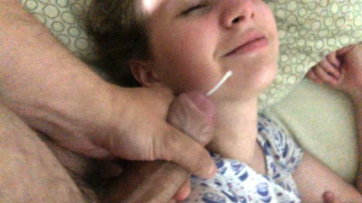 Stepsister touches dick thinking it is in a dream, CUMSHOT on face