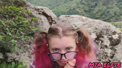 Blowjob in the Mountains from a Girl in Glasses with Pink Hair Cum on Glasses and Face