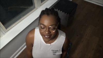 Thick Ebony GF Sucks Cock as Neighbors Watch