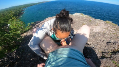 Cute Teen does Risky Deepthroat on Park Trail Cliff Side by the Beach